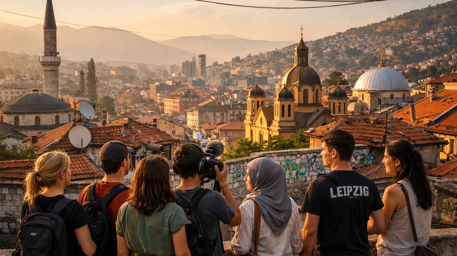 Field course group looking out over Sarajevo